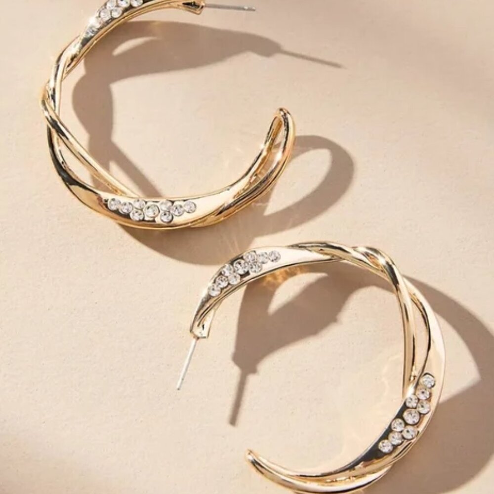 Anthropologie Gold Twisted Crystal Hoop Earrings/NWT